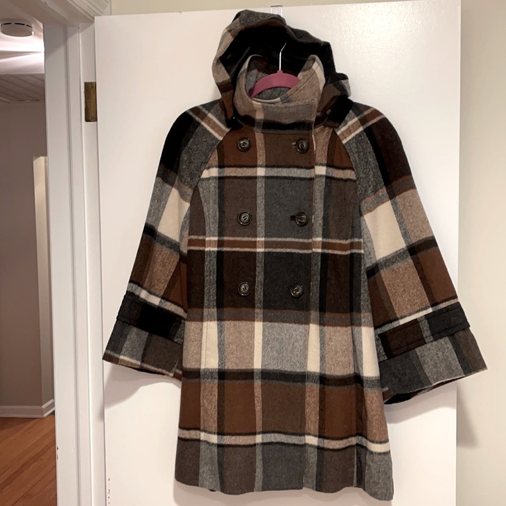 Anthropologie Elevenses Brown Plaid Wool Coat